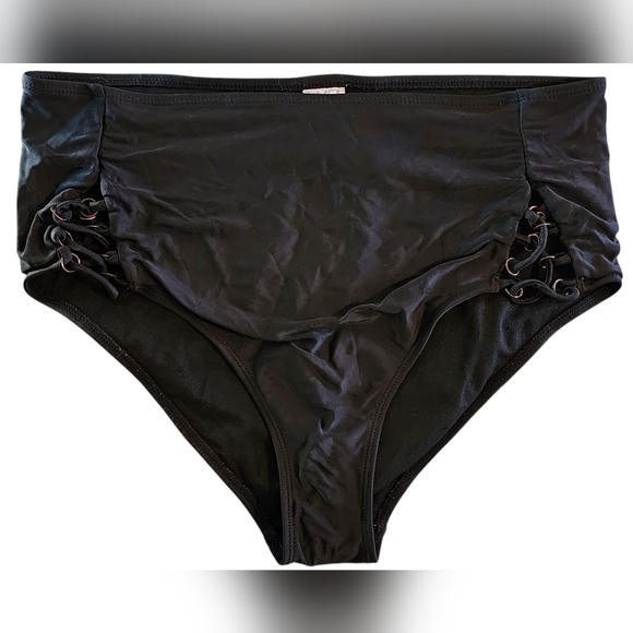 Time and Tru Black High Waist Cinch Sides Full Swim Bikini Bottom Women's M NWOT - Picture 1 of 7